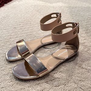 Longchamp rose gold and beige ankle strap sandal